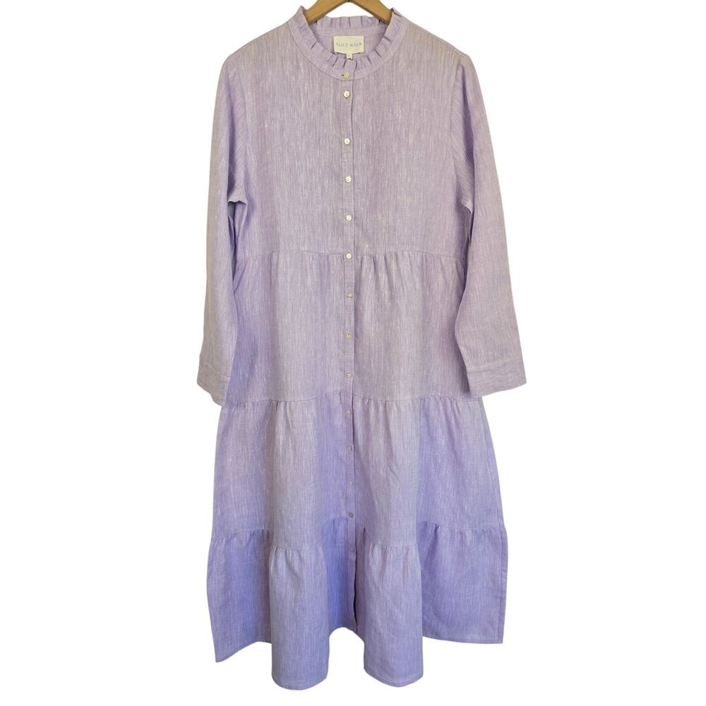 Alice Walk Lavender Purple Linen Tiered Midi Dress Band Collar Size L